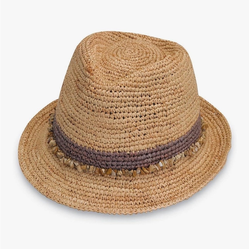 Straw Fedora Hat with Beaded Band - Natural/Taupe